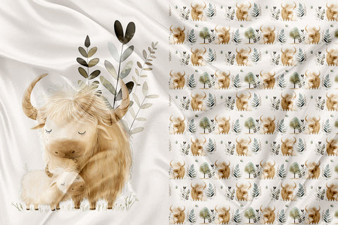 Panel for Clothing and Blanket Mom and baby Highland cow beige background