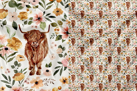 Floral Highland Cow Garment &amp; Blanket Panel